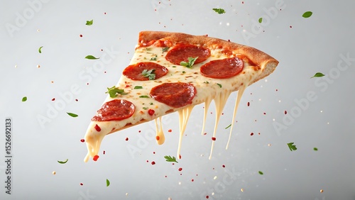 Floating Slice of Pepperoni Pizza with Melting Cheese, Herbs, and Seasonings on Light Background
