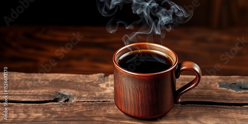 Steam rises from a dark coffee in a rustic mug on worn wood, steam, wooden