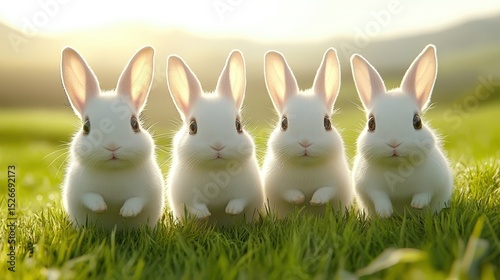 Adorable White Bunnies on Green Grass in Soft Light. Cute Rabbits.