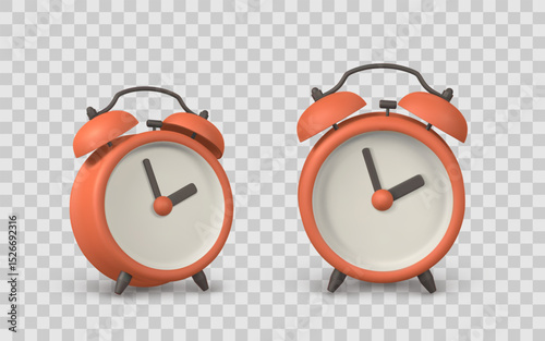 Alarm Clock 3D Icon with Vintage Style in Red and Cream Colors, Shown in Front and Side Views. Perfect for Time, Deadline, and Productivity Themes. Vector Illustration