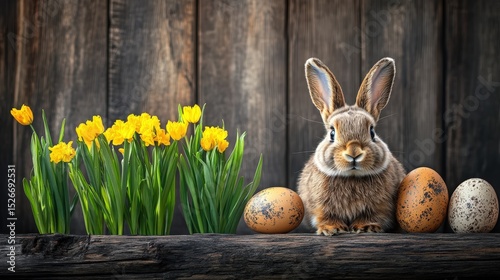 Easter Bunny and Eggs with Yellow Flowers. Spring Celebration, Rustic Wooden Plank Backdrop