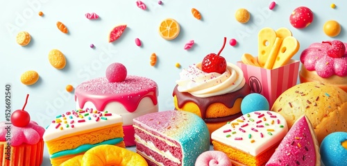 Colorful, sugary fast food cakes & snacks, vibrant vector illustration,  strawberry,  pastry