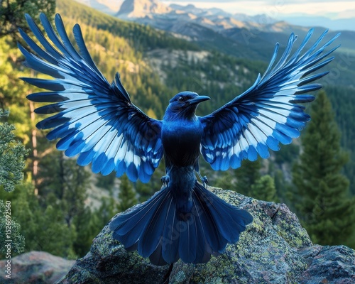Colorado Bird: Flying Steller's Jay with Beautiful Blue Fan Wings in Nature