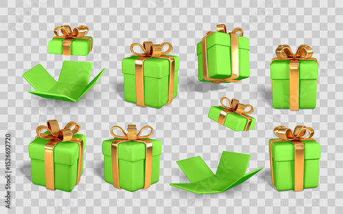 Gift Boxes with Golden Ribbons and Bows in Various Angles on Transparent Background. Perfect for Holidays, Celebrations, and Promotions. Vector Illustration