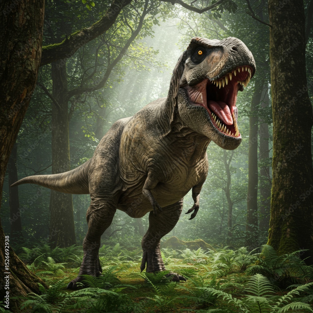 Fototapeta premium Tyrannosaurus Rex Roaring in Prehistoric Forest