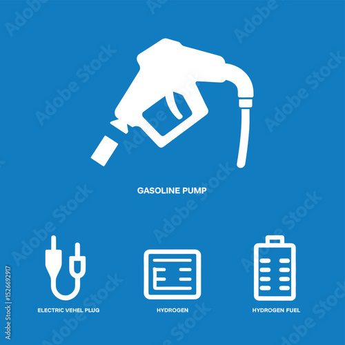 vector icons to vehicle fueling and charging a gasoline pump, an electric vehicle plug hydrogen mole