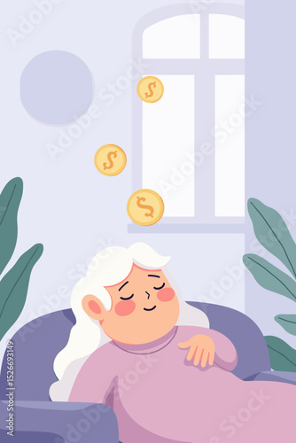 Happy elderly woman relaxing on couch with thoughts of money, cozy home atmosphere, illustration