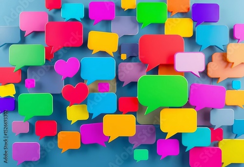 Colorful speech bubbles floating, overlapping, diverse sizes and shapes for online chat interface,  vibrant,  flat design