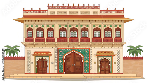 Rajasthani haveli front elevation in clean vector style generative ai