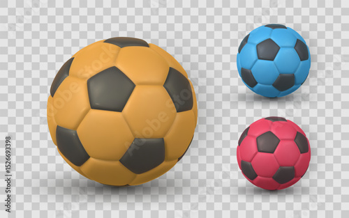 Soccer Ball Set With Realistic 3D Style in Yellow, Blue, and Red on Transparent Background. Ideal for Sports Designs, Games, or Web Assets. Vector Illustration