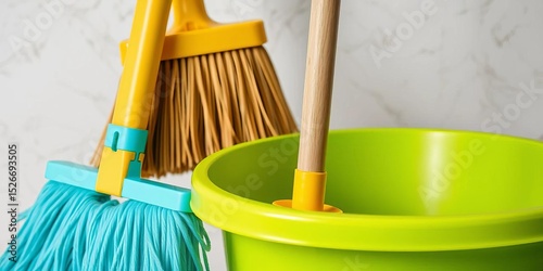 Close-up of a broom, mop, and bucket, ready for cleaning, cleaning supplies,  home