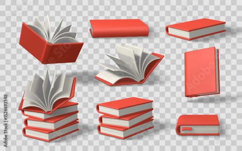 Red Book Set in Various Positions with Open and Closed Pages, Isolated on Transparent Background. Ideal for Education, Library, and Reading Concepts. Vector Illustration