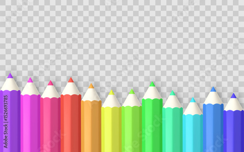 Colorful Pencils Background With Rainbow Gradient, Realistic 3D Style, Ideal For School, Art, Or Kids Design Concepts. Transparent PNG Template. Vector Illustration