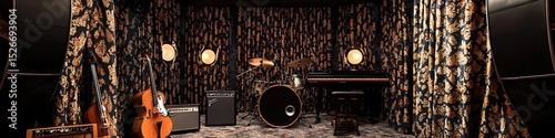 Intimate underground music space with patterned curtains and mellow instruments