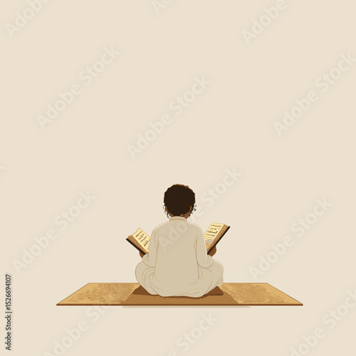 Boy Reading Traditional Manuscript on Mat