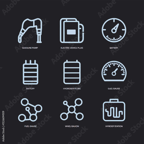 vector icons to vehicle fueling and charging a gasoline pump, an electric vehicle plug hydrogen mole