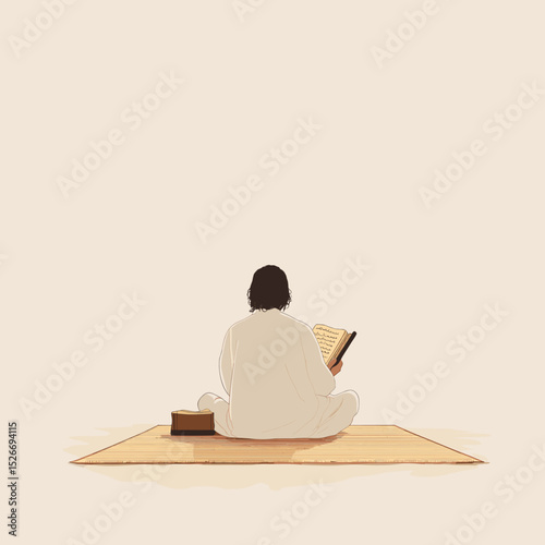 Boy Reading Traditional Manuscript on Mat