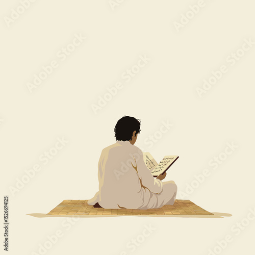 Boy Reading Traditional Manuscript on Mat