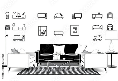 Stylish black and white furniture and sofa icons in minimalist style,  armchair,  flat