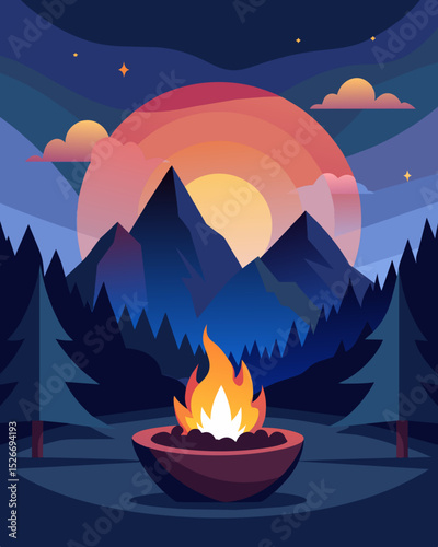 As the sun sets behind the mountains a crackling fire pit provides warmth and a cozy setting for a night of remote work or streaming movies.. Vector illustration
