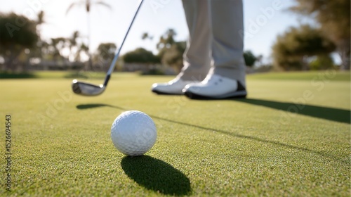 Golfer aims at the golf ball on the green, ready to swing the club.