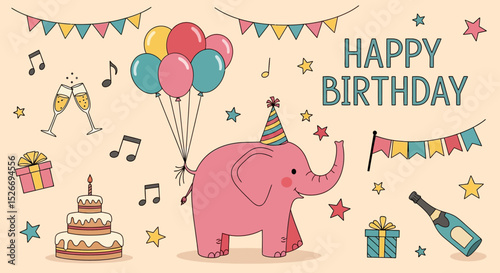 Cartoon Pink Elephant with Party Hat and Balloons Illustration