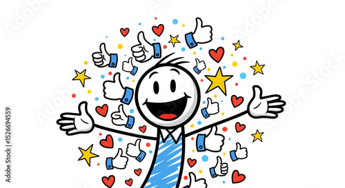 Cartoon Stick Figure Surrounded by Thumbs Up, Hearts, and Stars
