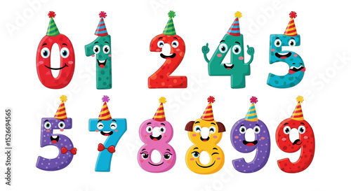 Cartoon Numbers Zero to Nine Wearing Party Hats with Faces
