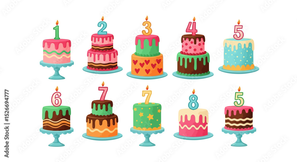Fototapeta premium Collection of Colorful Birthday Cakes with Number Candles