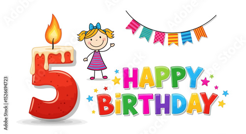 Colorful Birthday Celebration Featuring a Number Five Candle and Girl