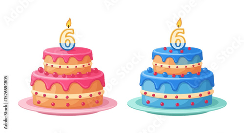 Two Delicious Two-Layered Birthday Cakes with Number Six Candles