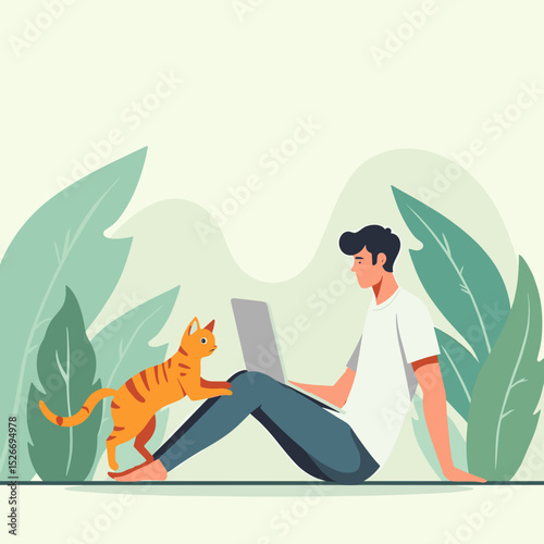 Young man working on laptop with cat, relaxed atmosphere, home office, digital lifestyle
