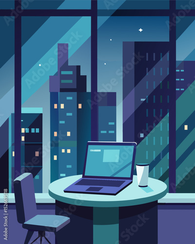 In a highrise apartment a laptop sits on a sleek glass desk overlooking the city lights surrounded by modern furnishings and abstract wall art.. Vector illustration