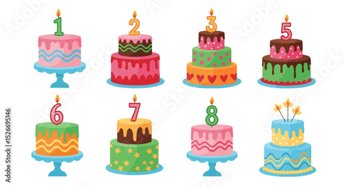 Eight Colorful Birthday Cakes with Candles and Numbers
