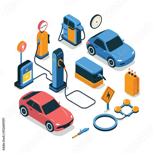 vector icons to vehicle fueling and charging a gasoline pump, an electric vehicle plug hydrogen mole