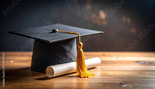 Education's Legacy: A cap and gown epitomize academic achievement and the culmination of years of hard work and dedication on a sturdy wooden surface.