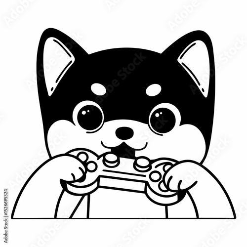 Vector cute shiba inu holding a game pad stick