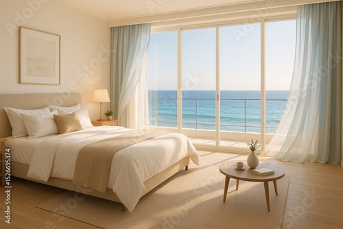 Sunlit Coastal Bedroom with Ocean View and Light Tones