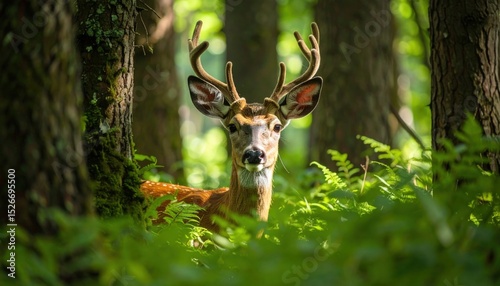 Whitetail Buck in Forest: A majestic whitetail buck stands alert in a dense forest, its velvety antlers rising above the lush green foliage, casting dappled light on the forest floor.