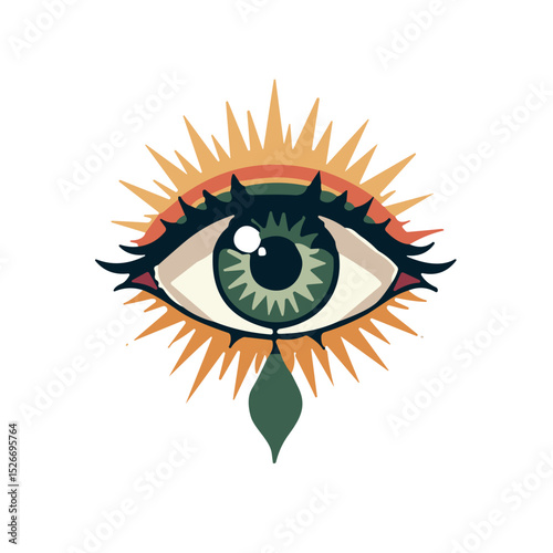 Eye with tear drop radiates light, occult symbol for guidance, with space for copy