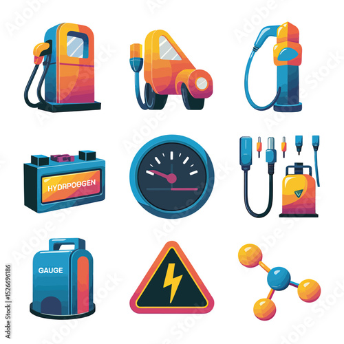 vector icons to vehicle fueling and charging a gasoline pump, an electric vehicle plug hydrogen mole