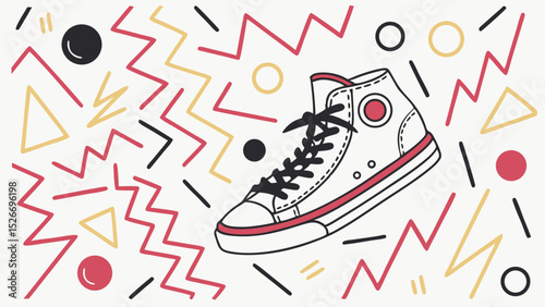 Retro 90s Sneaker Design High-Top Canvas Shoes Illustration with Geometric Patterns