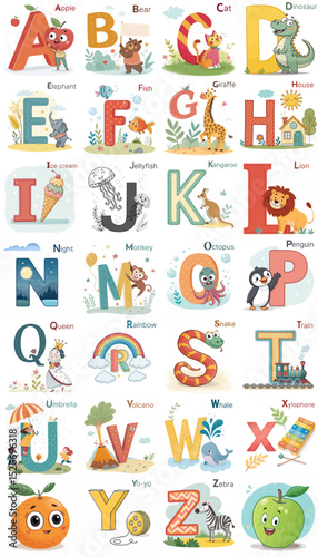 Complete colorful alphabet illustration for children's educational materials featuring animals and objects