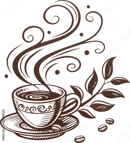 Coffee Cup's Elegant Essence: Artistic illustration of a steaming coffee cup adorned with delicate swirls and coffee beans, capturing the comforting aroma and rich flavor of a perfect cup.