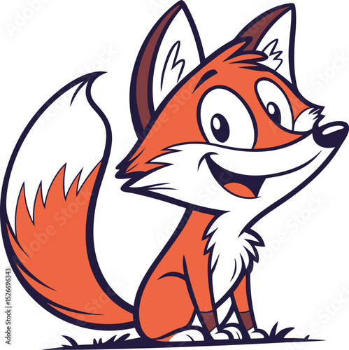 Cartoon Fox Smiling: A cheerful and whimsical illustration of a cartoon fox with vibrant orange fur, a fluffy white tail, and a wide, friendly smile.