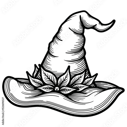 Witch hat with leaves, black and white drawing for Halloween holiday, for cards