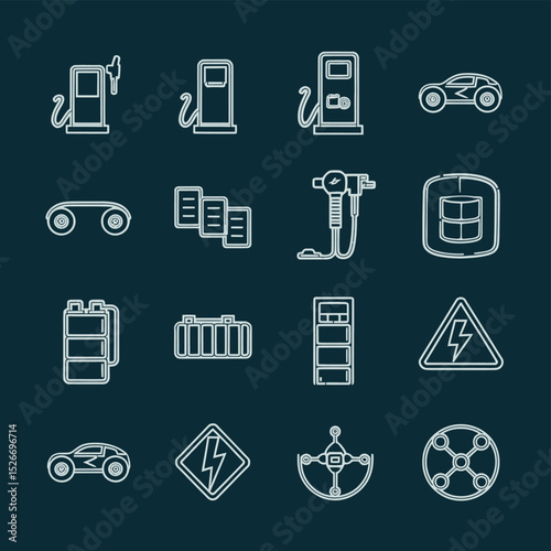 vector icons to vehicle fueling and charging a gasoline pump, an electric vehicle plug hydrogen mole