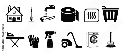 Household cleaning icons set, various tools and supplies, home maintenance, black and white style