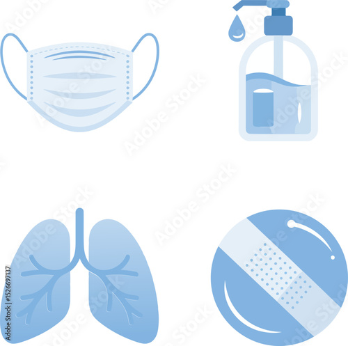 Lung care and protection icons. Face mask, lung diagram, circular pills and vitamin capsule visuals for respiratory health  