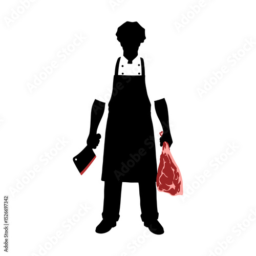 Vector silhouette of butcher holding meat in one hand and cleaver in another on white background. Logo symbol of butcher shop.